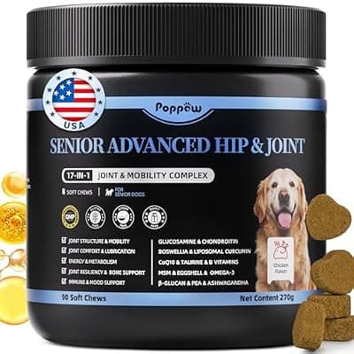[POPPAW] POPPAW Senior Advanced Joint Supplement for Dogs – 17-in-1 Glucosamine for Dogs with Chondroitin – Hip & Joint Pain Relief Pills – Mobility Support Chews – Large & Small Breeds - Chicken Flavor – 90Ct