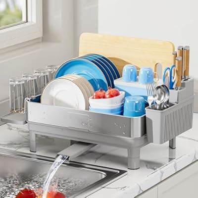 [Ewaiira] Ewaiira Dish Drying Rack, 304 Stainless Steel Dish Racks for Kitchen Counter, Dish Drainers with Automatic Drainage, Utensil Holder & Cups Holder, Space Saving Kitchen Organizer, Gray