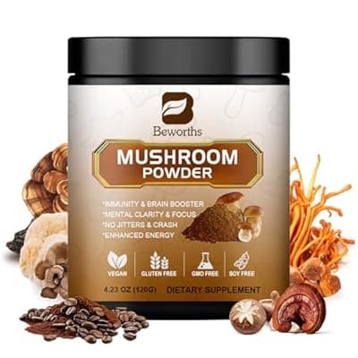 [B BEWORTHS] Mushroom Coffee - Lions Mane Mushroom Powder Instant Coffee with Lion's Mane, Reishi, Chaga, Cordyceps, and Turkey Tail - Mushroom Coffe Alternative for Energy, Mental Clarity & Focus, Brain Booster