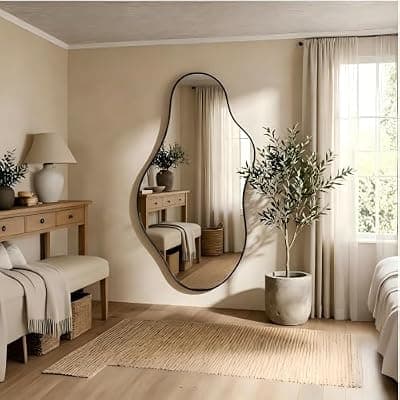 [potijo] Irregular Asymmetrical Wall Mirror 26x48 Inches - Decorative Tempered Glass with Modern Aluminum Alloy Frame, Black Abstract Cloud Mirror for Bathroom, Bedroom, Living Room, Entryway, Cloakroom