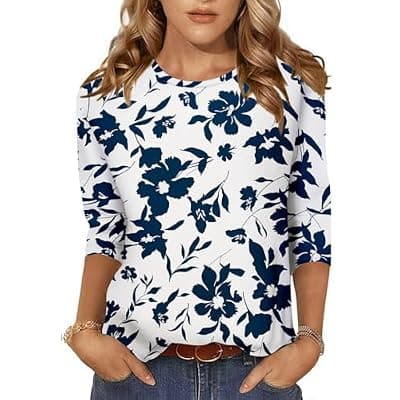 [NORACORA] NORACORA Women's 3/4 Length Sleeve Crew Neck T-Shirt - Printed Casual Basic Tops