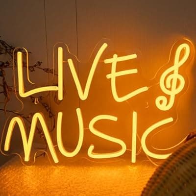 [KATMBFUE] Live Music Neon Signs for Wall Decor, LED USB Powered Light Sign, Yellow Neon Light Up Letters Sign for Bedroom Music Studio Room Club Party Decor 16.93 x 11.02"