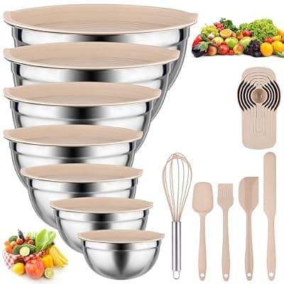 [Leidawn] Leidawn Mixing Bowls with Lids set - 25 PCS Stainless Steel Nesting Khaki Mixing Bowls Set for Baking,Mixing,Serving & Prepping,Size 5, 3.7, 2.8, 2.3, 1.7, 1.1, 0.7QT, 11 Cooking