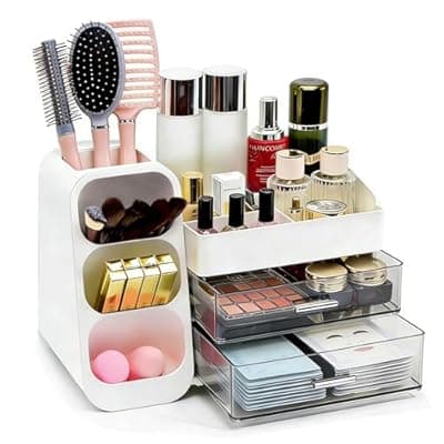 [Glowspire] Makeup Organizer Countertop, Spacious Cosmetic Display Case with Makeup Brush Holder, Perfect Vanity Bathroom Organizer and Storage, White