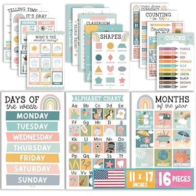 [Hadley Designs] Hadley Designs 16 Educational Posters for Toddlers 1-3 - Learning Poster for Kids Ages 3-5, Alphabet Chart Playroom Homeschool Daycare & Classroom Decor, Kindergarten & Preschool Classroom Must Haves