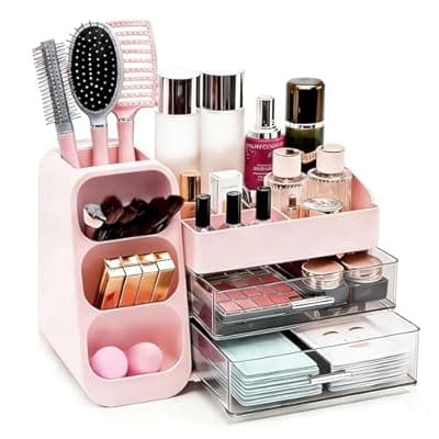 [Glowspire] Makeup Organizer Countertop, Spacious Cosmetic Display Case with Makeup Brush Holder, Perfect Vanity Bathroom Organizer and Storage, Pink