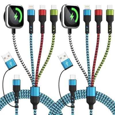[Jogrytece] Jogrytece Travel Essentials,USB A/C 4 in 2 Multi Charging Cable for i Watch Charger/Type C Charger/IP Port,Travel Chargers for Multiple Devices, Portable Designed for iWatch &iPhone 17-12 5FT