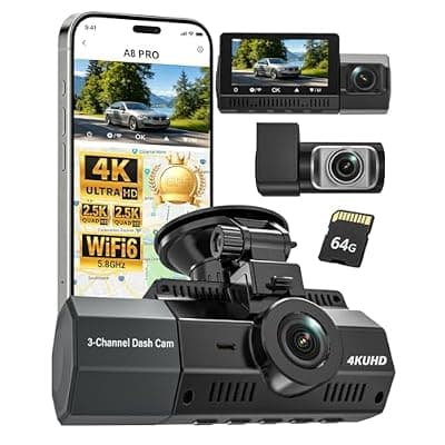 [Eivikga] Eivikga 4K+2.5K+2.5K Dash Cam, STARVIS 2 Dash Camera 3-Channel, Free 64GB Card, Dashcam with 5G WiFi GPS, G-Sensor,Loop Recording, HDR, 24H Parking Monitor, Car Dash Cam for Rideshare & Taxi