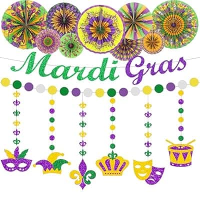 [EoBeCy] Marddi Grass Party Decorations, 17 Pcs Paper Marddi Grass Fans, Banners & Swirls, Festive Mask Carnival Hanging Party Supplies for Home, Event & Office