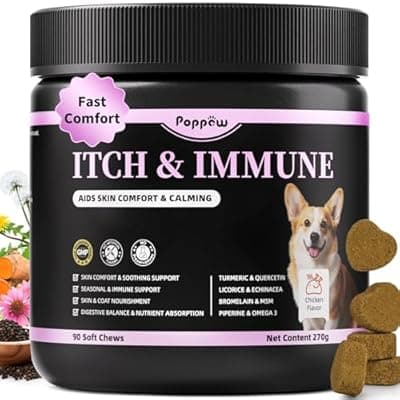 [POPPAW] POPPAW Itch Relief for Dogs - Turmeric Supplements for Itching Skin Comfort & Coat Health & Seasonal Allergy Care, Immune Support Supplement with Omega-3 Fish Oil, Biotin - Chicken Flavor - 90 Count