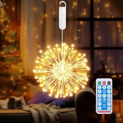 [ZOOTEALY] ZOOTEALY Hanging Firework Lights: Twinkle String Fairy Lights with Remote - 120 LED 8 Modes Dimmable - Indoor Outdoor Battery Operated Starburst Light for Garden, Patio, Party Xmas Decor