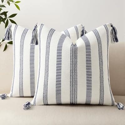 [Smile Bee] Smile Bee Boho Outdoor Couch Throw Pillow Covers Set of 2 Decorative Thick Woven Striped Accent Neutral Pillow Covers with Tassels for Bed Sofa Home Decor 20x20 Inch, Navy Blue and Cream White