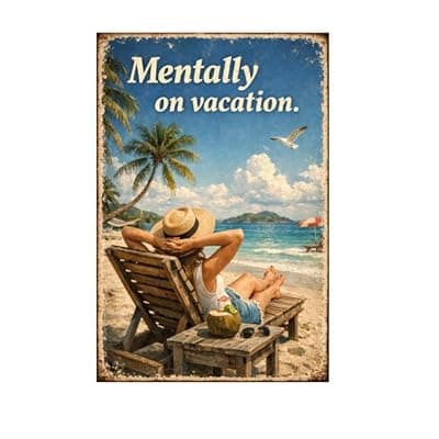 [Carastora] Mentally on Vacation Beach Metal Sign - 8x12 Inch Vintage-Style Tin Plaque with Relaxing Coastal Art, Perfect for Home or Office Decor, Pre-Drilled Holes for Easy Hanging