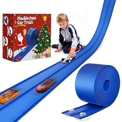 [MozoaLata] MozoaLata Flexible Race Track for Kids 15ft Race Car Track, Rolls Up Portable Racetrack Compatible with Hot Wheels & Diecast 1/64th Cars,2025 Christmas Birthday Gift, (2 Lane Tracks - Blue)