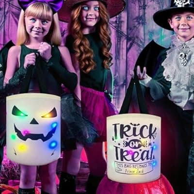[CUNGLIN] Halloween Trick or Treat Bags Candy Bucket, Upgraded Light Up Ghost Basket Decoration Multipurpose Reusable Goody Sweet Buckets for Scary Night Party Supplies Favors Festival Decor Gifts 2 Pack