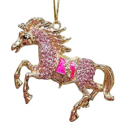 [JZILU] Horse Ornaments for Christmas Tree, Handmade Metallic Ornament with Pink Rhinestone, Cute Christmas Ornaments for Kids - Horse Gifts for Women, for Horses Lovers Girls