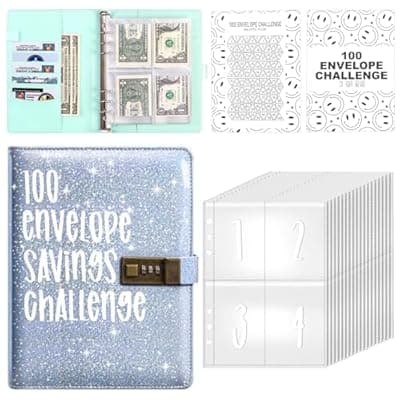 [YAKUNCL] YAKUNCL 100 Envelopes Money Saving Challenge, Money Saving Budget Binder with Cash Envelope, Budget Saving Challenge with Combination Lock, Savings Challenge, Save $5,050 Easily (Blue)