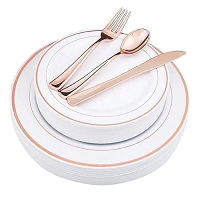 [WDF] WDF-125PCS Rose Gold Plastic Silverware&Disposable Plastic Plates - Disposable Plates include 25 Dinner Plate,25 Salad Plate,25 Forks, 25 Knives, 25 Spoons for Wedding Party Birthday