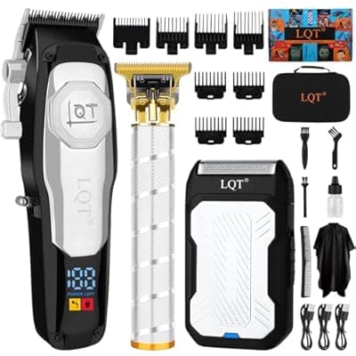 [LQT] LQT Professional Cordless Hair Clippers and Beard Trimmer Set for Men, LED Display & Long Battery Life,Adjustable Lever & Stainless Steel Blades,Grooming Kit for Home and Barbers,Silver