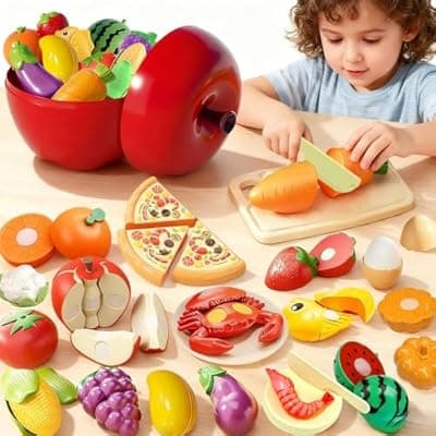 [Colnic] Pretend Play Food Sets for Kids Kitchen, Cutting Toy Food with Apple Basket, Play Kitchen Accessories for Toddlers, Fake Food with Pizza Veggies Fruits, Toys for Boys Girls