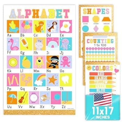 ABC Posters for Classroom Wall Decor - Learning Posters for Toddlers 1-3, Alphabet Poster for Toddlers, ABC Chart for Wall, 1-100 Number Chart Colors and Shapes, Pastel Laminated Educational Poster