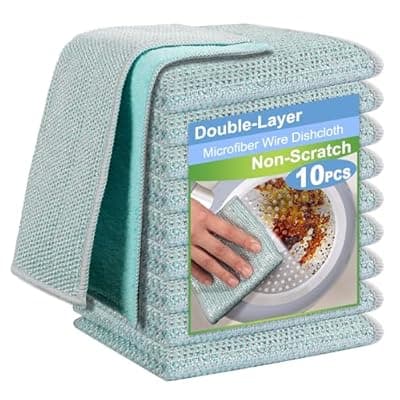 [TIVERAIN] TIVERAIN 10pcs New Upgrade 2-Layer Microfiber Wire Dishcloth,Non-Scratch Wire Dishwashing Rags for Wet and Dry,Metal Scrubbers, Kitchen Miracle Cleaning Dish Rags for Cookware,Sinks, Dishes,Stove,Blue
