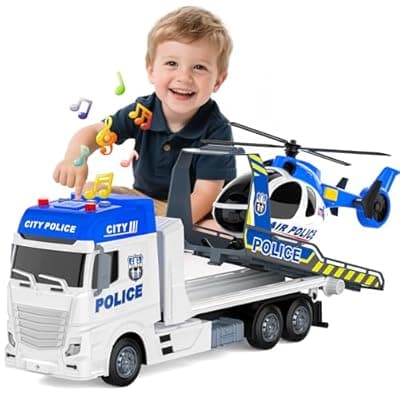 [DADAPALS] 21.2 Inch Semi Police Truck Toy for 3 4 5 Years Old Boys - With Racing Car and Helicopter, Friction Powered Transport Truck Crane Vehicle with Lights and Sounds for Boy Christmas Birthday Gifts