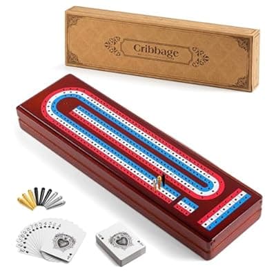 [Ceebyfa] Ceebyfa Cribbage Board Game Set with Large Storage Area, Solid Wood 3 Track Cribbage Board, 9 Metal Pegs, 2 Playing Cards and Instruction. Travel Cribbage Sets for All Ages(Vintage Color).
