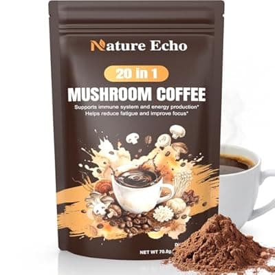 [Nature Echo] Nature Echo 20 in 1 Mushroom Coffee with Ashwagandha | Lion’s Mane, Reishi, Cordyceps & More - Low Caffeine Instant Coffee Powder for Focus, Energy, Immune & Gut Support | 2.5 Ounce | Sugar Free