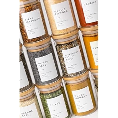 [Bloomondo] Bloomondo Empty Spice Jars with Label Pack (12x Bamboo Lid Glass Jar). Small 6oz Spice Storage Bottles with 112 Printed Stickers and 48 Writable Pantry Labels for Seasoning Containers