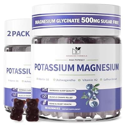 [MABEFY] 2 Pack Potassium Magnesium Gummies, Sugar-Free Potassium Gummies with Magnesium Glycinate 500mg Chewable Potassium Magnesium Supplements with Calcium, Zinc & Vitamins to Support Leg Muscle Relaxation