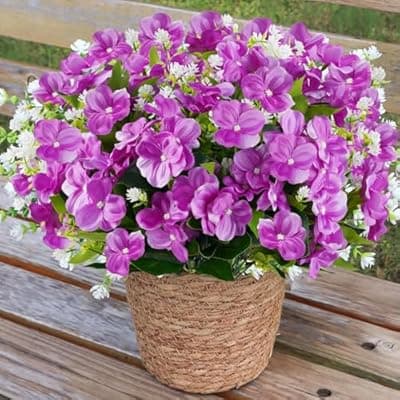 [Fowyrt] Fowyrt Artificial Impatiens Flowers for Outdoor Fake Flowers 12 Bundles Mixed Baby's Breath Faux Flowers for Outdoor Planters Garden Porch Patio Home Decor (Purple)