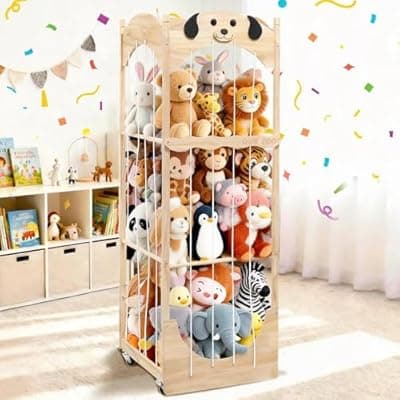 [Fruaros] Stuffed Animal Storage & Organizer, Wooden Zoo Toy Holder with Cute Puppy Design, Large Plushies & Stuffy Storage with Elastic Cords, Kids Stuffed Animal Cage for Playroom, Bedroom, Nursery