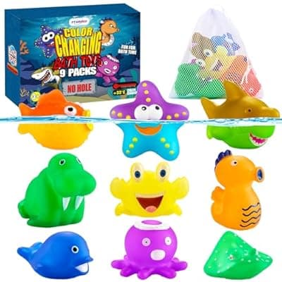 [Staroud] 9 Packs Color Changing No Hole Bath Toys for Kids Toddlers Baby, Color Change Water Table Toys Sea Creatures Ocean Animal Bathtub Toys with Drying Bag