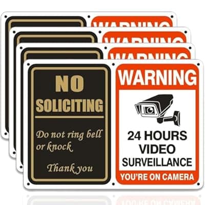 [STAMPMASTER] No Soliciting Sign & No Tresspassing Sign 2 in 1 Aluminum UV Ink Printed Yard Sign for House, Yard, Front Door 24 Hours Video Surveillance Private Property Metal Signs 7 x 10 inch(4 PACK)