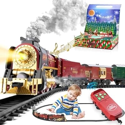 [VigorFun] Train Set with Gift Case and Remote Control, Train Toys with Smoke, Light and Sound, Christmas Train Sets for Around The Tree, Toy Train Set for 3 4 5 6 7 8+ Years Old Boys Toddlers Gifts