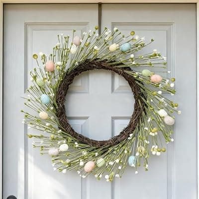 [HipTree] HipTree 20 Inch Farmhouse Easter Wreath for Front Door, Artificial Pastel Spring Wreath with Mini Easter Eggs, Handcrafted Wreaths for Entryway Mantel Window Indoor Outdoor Decorations