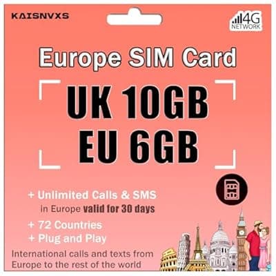 [Kaisnvxs] Prepaid SIM Card for Europe Travel - 10GB in UK / 6GB 4G High Speed Data Roaming in 71 Europen Countries for 30 Days, Unlimited Calls & Texts with UK Phone Number, No Need Activation,Plug and Play