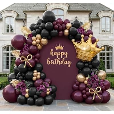 [Olamivra] Dark Purple Black Gold Balloon Garland Arch Kit - Double Stuffed Plum Burgundy Balloon with Foil Crown & Gold Long Balloons for Graduation, Mother's Day, Prom, Birthday, Wedding, Queen Party