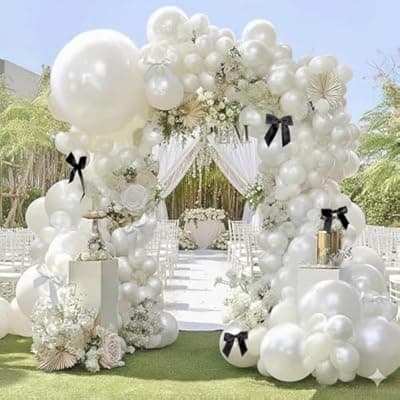 [feilebalon] Pearl White Balloon Arch Kit, Double Stuffed White Pearl Balloon Garland Different Sizes 5/12/18 Inch with Bow for Wedding Bridal Shower Baby Shower Birthday Engagement Valentines Party Decoration
