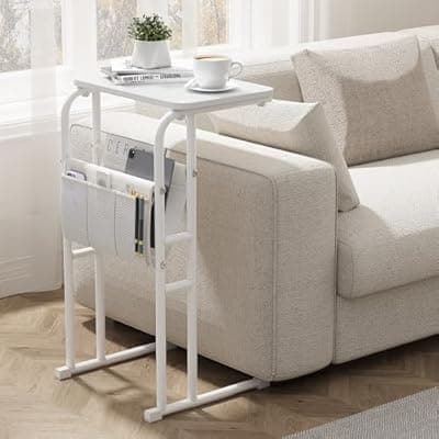 [Olldide] Olldide C-Shaped End Table with Storage Bag, Side Table for Living Room Bedroom, Slide Under Couch Sofa TV Trays Desk, Small Narrow Space Applicable, White