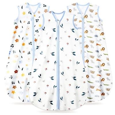 [TURMEWU] TURMEWU 3 Pack Baby Sleep Sack 12-18 Months 100% Organic Cotton, 0.5 TOG Lightweight Wearable Blanket, 2-Way Zipper Sleeping Bag, Animal&Plant&White