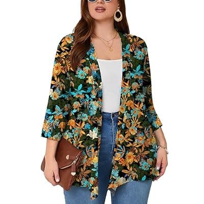 [AusLook] AusLook Women's Plus Size Lightweight Open Front Cardigan 3/4 Sleeve Cover Ups Shrugs Shawls and Wraps Kimono Jacket Coat