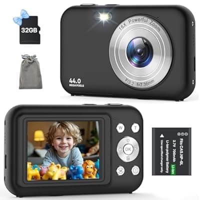 [Ahlirmoy] Digital Camera, Kids Camera with 32GB Card, FHD 1080P 44MP Vlogging Camera, 16X Zoom Point and Shoot Digital Camera Compact Portable Rechargeable Cameras for Teens Boys Girls Students Seniors-Black