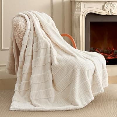 [Am\u00E9lie Home] Amélie Home Luxury Striped Faux Fur Throw Blanket for Couch, Soft Cozy Fuzzy Fluffy Soft Plush Blankets Sofa Chair Gift Blankets for Women, 60"x80", Ivory