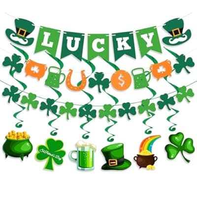 [Labrostar] 15Pcs St Patricks Day Decorations St Patricks Day Decor Pre-Assembled Shamrock Lucky Banner Clover Garland Banners Hanging Swirls for Irish Party Supplies Saint Patricks Day Decorations