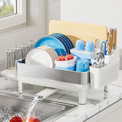 Ewaiira Dish Drying Rack, 304 Stainless Steel Dish Racks for Kitchen Counter, Dish Drainers with Automatic Drainage, Utensil Holder & Cups Holder, Space Saving Kitchen Organizer, White