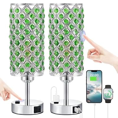 [Hong-in] Hong-in Green Crystal Lamp Touch Control Set of 2, Crystal Table Lamps with USB C+A Ports & AC Outlet, 3-Way Dimmable Nightstand Touch Lamp, Modern Bedside Table Lamp for Bedroom(Bulbs Included)