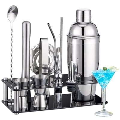 Cocktail Shaker Set Bartender Kit : 15-Piece Stainless Steel Bartender Kit with Acrylic Stand Bars Set with All Practical Bars Accessories, Bar Tools for Drink Mixing, Bar, Home, Lounge & Party