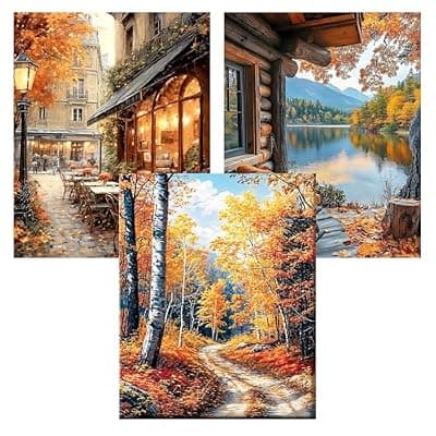 [Ekuxom] Ekuxom 3pack Paint by Numbers Kit for Adults- Fall Paint by Number Kits on Canvas for Beginners, Street Cafe DIY Acrylic Oil Number Painting Kits for Home Wall Decor Gift 16"x 20" (Without Frame)